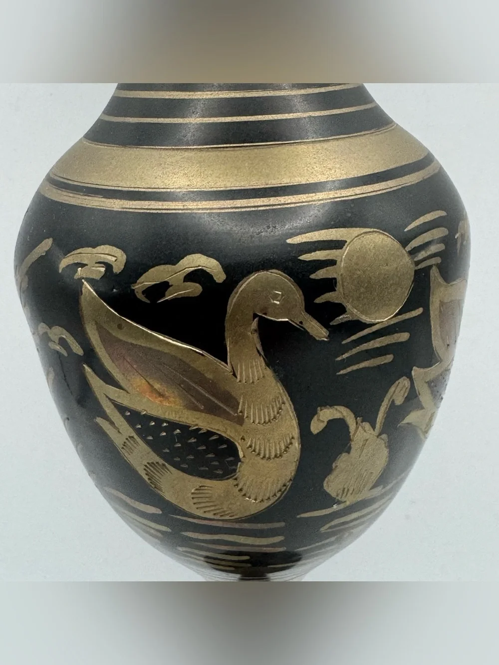 Vintage Indian Brass Vase Black Enamel Engraved Birds Floral Pedestal